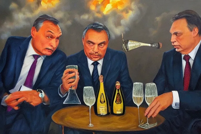 Prompt: viktor orban drinking champagne with putin in front a burning city, highly detailed face, oil painting