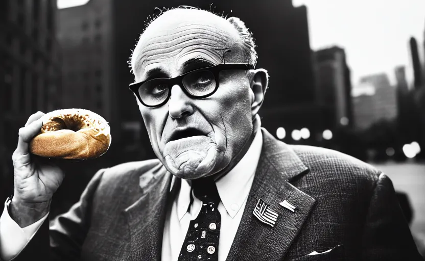 Image similar to photograph of Rudy Giuliani eating a bagel, one point perspective, 1-point perspective, tilt shift, sigma 85mm f/1.4, 4k, depth of field, high resolution, 4k, 8k, hd, full color