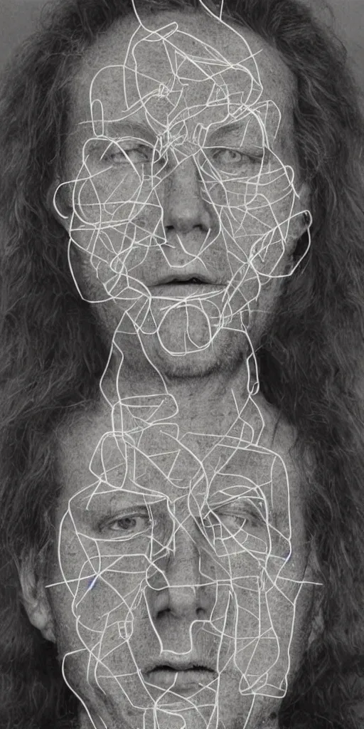 Prompt: peter de jong attractors morphing into a human face, vhs footage