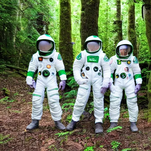 Image similar to a squad of space scouts wearing white and green space suits exploring a forest planet