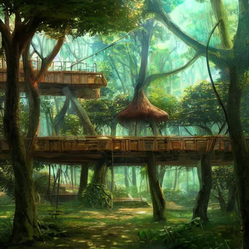 Image similar to concept art painting of treehouses made out of trees, walkways between trees, trees with doors and windows in a deep forest, realistic, detailed, cel shaded, in the style of makoto shinkai and greg rutkowski and james gurney