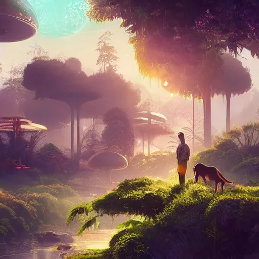 Prompt: solarpunk utopia where happy people and animals live in high - tech harmony with nature soft colors, intricate, smooth, sharp focus, digital painting, cinematic, unreal engine, 4 k wallpaper