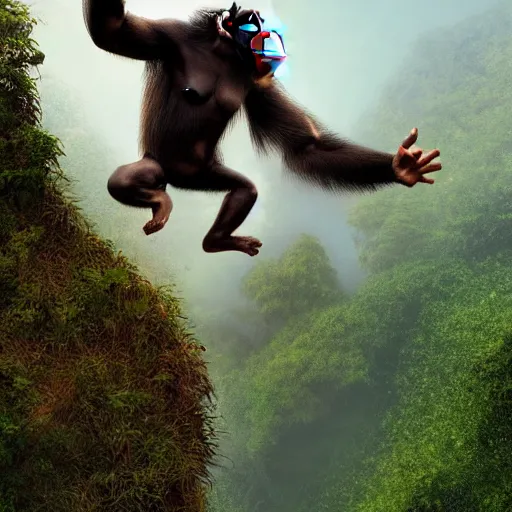 Image similar to Angry Chimpanzee Jumping, Epic Jump, Cinematic Photo, Cinematic Shot, Jungle, Foliage Boris Vallejo, Epic, 8k resolution, ArtStation, Hyperrealistic