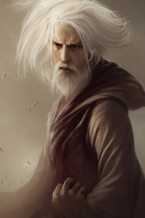 Image similar to white haired robe fu xi full male front body portrait, distant view, very long white beard and hair, long hair shawl, fine kindness delicate prefect face features gaze, piercing eye, elegant, style of tom bagshaw, cedric peyravernay, peter mohrbacher, victo nga, 4 k hd illustrative wallpaper, animation style, chinese style