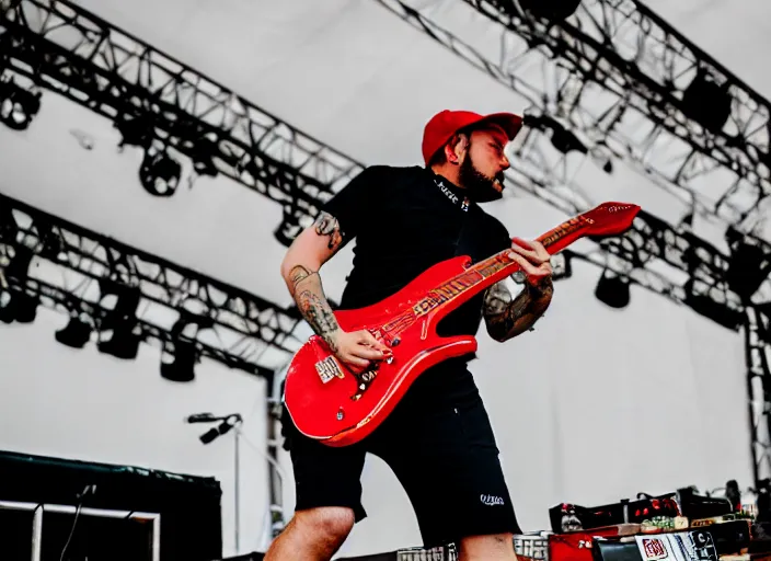 Prompt: photo still of chef boyardee on stage at vans warped tour!!!!!!!! at age 3 3 years old 3 3 years of age!!!!!!!! shredding on guitar, 8 k, 8 5 mm f 1. 8, studio lighting, rim light, right side key light