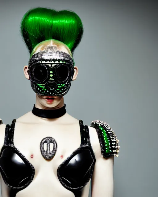 Image similar to symmetrical portrait of a cyborg wearing a silicone swarovski studded red beauty mask and green hair buns, wearing a black bodysuit armour by alexander mcqueen, cream white background, soft diffused light, biotechnology, humanoid robot, bjork aesthetic, translucent, by rineke dijkstra, intricate details, highly detailed, masterpiece,