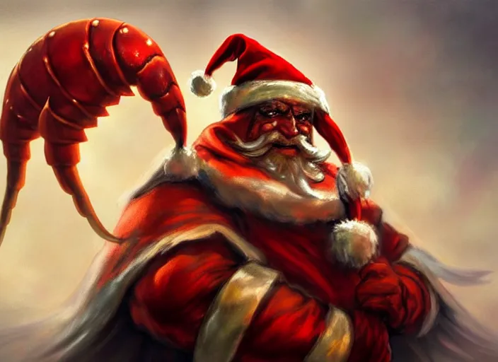 Prompt: magic : the gathering fantasy character concept art of anthropomorphic lobster wearing a christmas hat, by franz frazetta and marco bucci, high resolution. a clear portrait of powerful lobster impersonating santa, magical christmas wonderland in background, fantasy coloring, intricate, digital painting, artstation, smooth, sharp focus