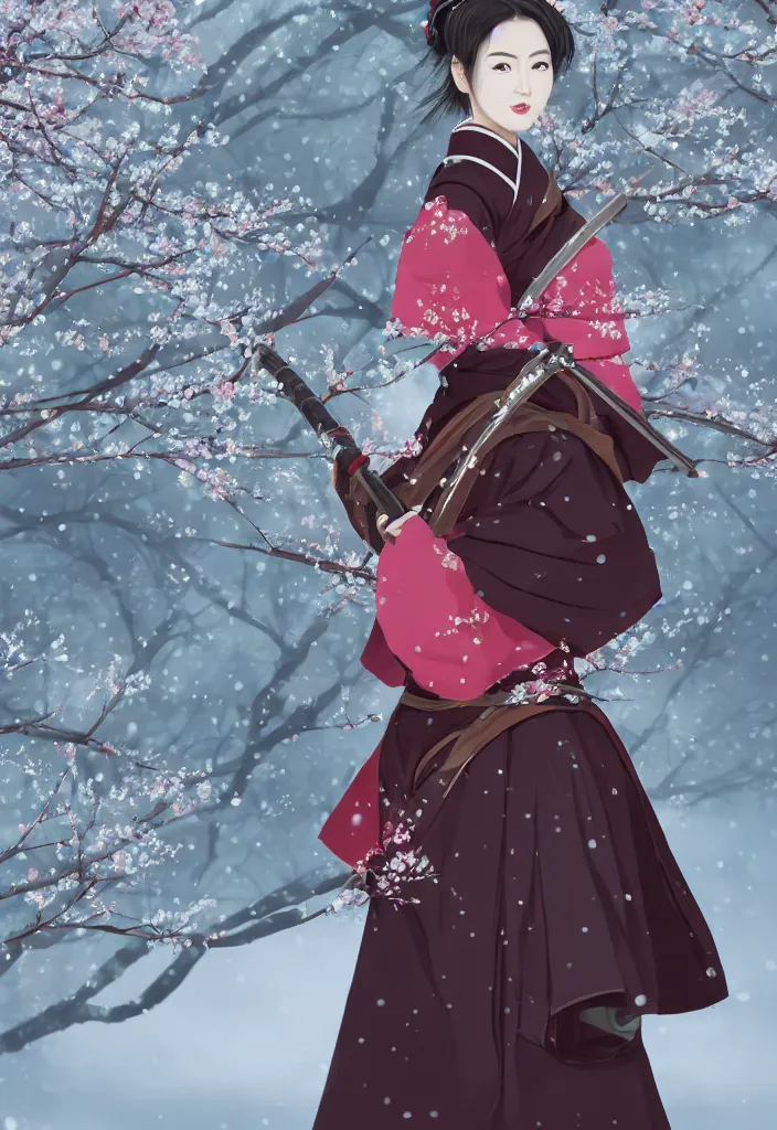 Image similar to detailed portrait of girl samurai in hakama with swords and rifles, in snow forest sakura cherry blossom, taisho roman, trending on artstation, elite, elegant, luxury, perfect face, fine details, realistic shaded, fine - face, pretty face