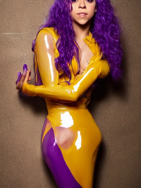 Prompt: singer shakira wearing translucent purple and gold latex dress fashion photoshoot