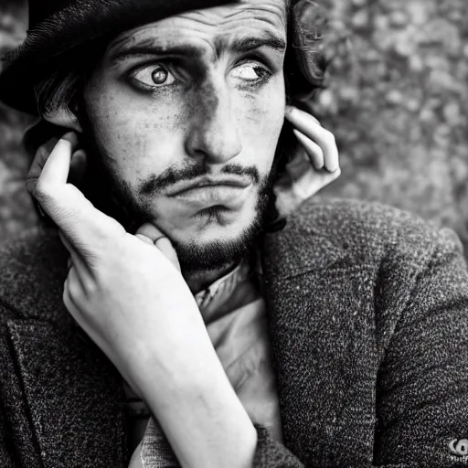 Prompt: Portrait of a terrified young man on the verge of tears in 1930s attire with long hair cornered against a stone wall. He is looking utterly panicked and distressed. 4K sigma 85mm