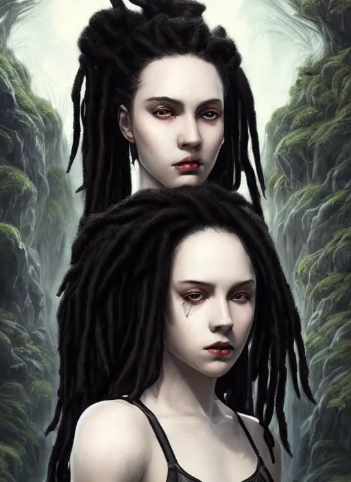 Image similar to girl with pale white skin and black dreadlocks, beautiful highly detailed face, complementary lighting, backlit, black eyeshadow, dark eyes, adventure, dramatic lighting, landscape background, beautiful painting by artgerm and greg rutkowski and raymond swanland