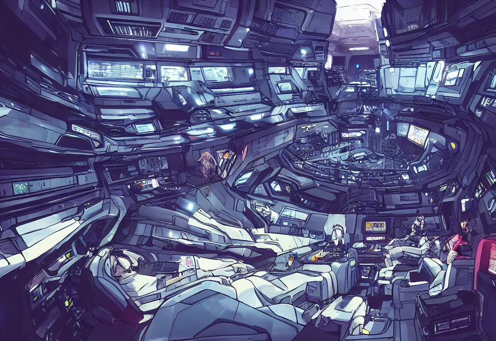 Image similar to large spaceship interior, cyberpunk, anime