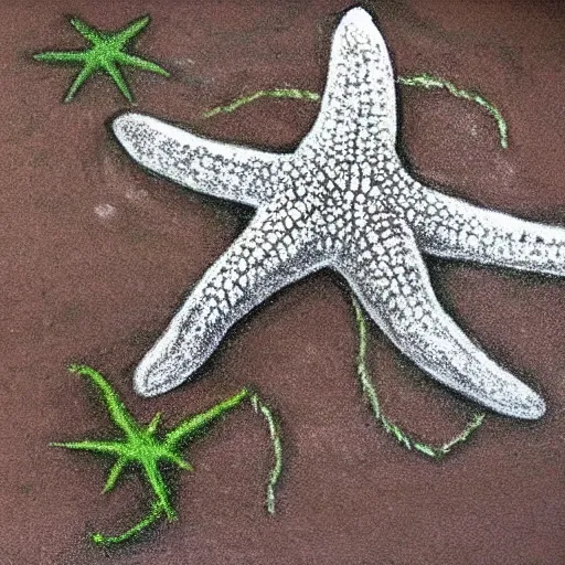 Image similar to Chalk drawing of a starfish holding seaweed. Child's drawing chalk on brick wall.