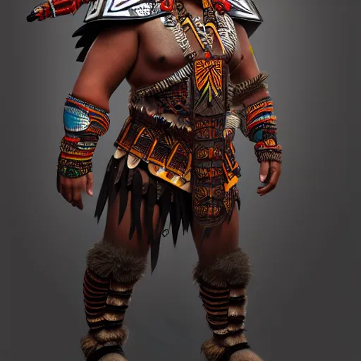 Image similar to full body concept art of a big aztec tribal warrior, fantasy character portrait, ultra realistic, concept art, intricate detailed, volumetric light, cinematic lighting, 8 k uhd artwork, featured on artstation