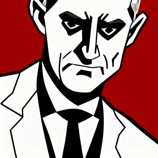 Image similar to solid glowing eyes, digital portrait of secretary of denis mcdonough face with solid glowing eyes, cover art of graphic novel, evil laugh, menacing, Machiavellian puppetmaster, villain, simple style, solid colors, clean lines, clean ink, trending on artstation