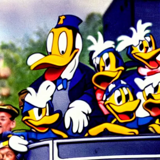 Image similar to historic colorized photograph of colorful donald duck at a nazi parade in 1 9 3 6