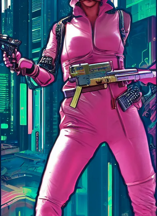 Prompt: cyberpunk woman wearing pink jumpsuit holding belt fed pistol. advertisement for pistol. cyberpunk ad poster by james gurney, azamat khairov, and alphonso mucha. artstationhq. painting with vivid color, cell shading. ( rb 6 s, cyberpunk 2 0 7 7 )