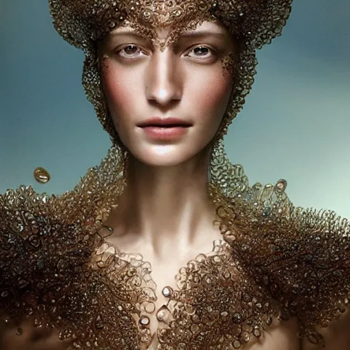 Image similar to full shot of a regal brown woman wearing an intricate and detailed armor made of dew drops. refracted light. morning dew. delicate. translucent. no makeup!! haunting eyes. vulnerable. fragile. ethereal. refracted light. by ray caesar. by louise dahl - wolfe. by andrea kowsch.