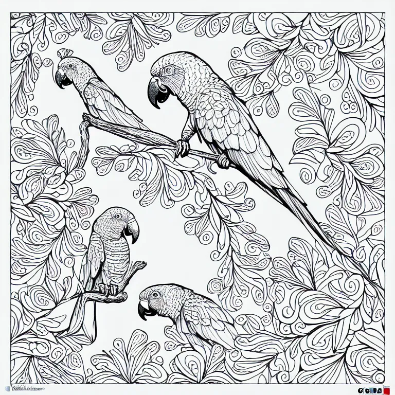 Prompt: two parrots ornaments fractal ink drawing line art colouring page vector