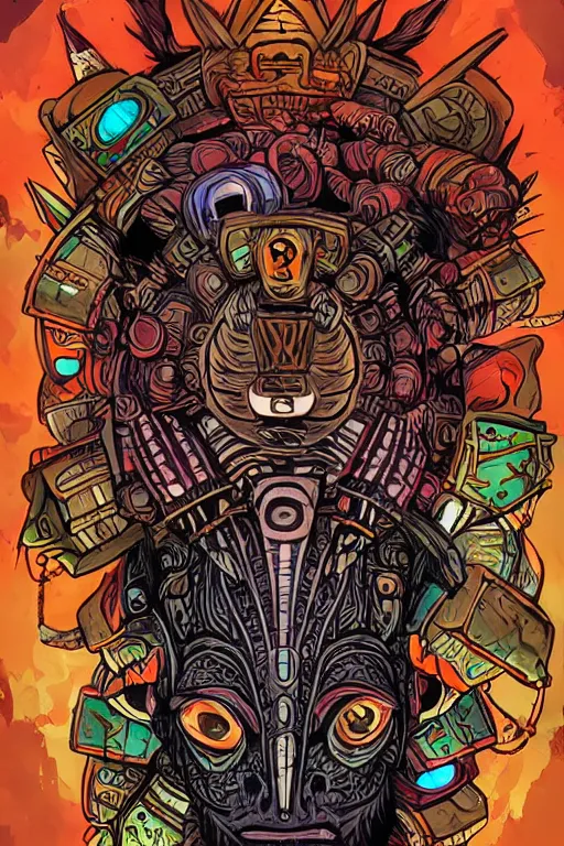 Image similar to totem animal tribal chaman vodoo mask feather gemstone plant video game illustration that looks like it is from borderlands and by feng zhu and loish and laurie greasley, victo ngai, andreas rocha, john harris radiating a glowing aura