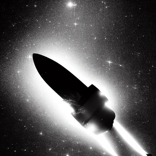 Image similar to black and white photo of a detailed rocket blasting off from mars, black background with glowing stars and satalites, cinematic film still, high contrast, astrophotography, polaroid,