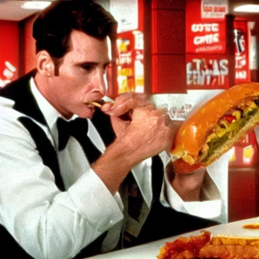 Prompt: patrick bateman eating a double bacon quarterpounder from mcdonalds, and holding a large coke