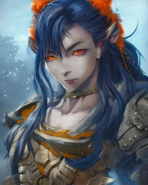 Image similar to An anime portrait of a beautiful D&D half-orc female with long wavy dark blue hair, bright orange eyes, intricate full body armour, fantasy soldier, by Stanley Artgerm Lau, WLOP, Rossdraws, James Jean, Andrei Riabovitchev, Marc Simonetti, and Sakimichan, highly detailed, ultra detailed, golden hour, trending on artstation, cgstudio