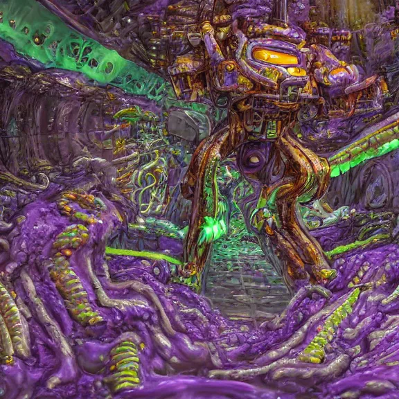 Image similar to detailed shot of inside a cavernous living stomach of a giant mecha dragon, the walls purple and pulsing, slimy and hot, lots of acid pooling up on the floor, digesting a bunch humans that ended up inside, food pov, micro pov, vore, digital art, furry art, high quality, 8k 3D realistic, macro art, micro art, Furaffinity, Deviantart, Eka's Portal, G6