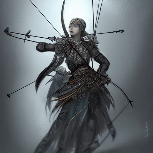 Image similar to beautiful extremely detailed intricate concept art depicting an archer by sakimichan. shining jewelry. grey atmosphere. particles in the background. bcy. net