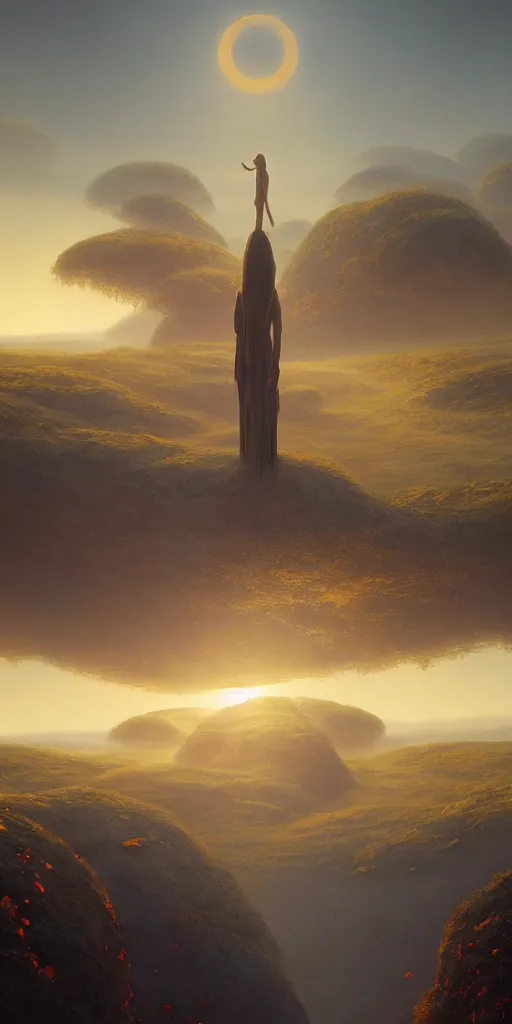 Image similar to symmetry!! surreal landscape of a dream, lucid dream, people, very detailed, serene, peaceful, golden hour, perfect lighting, perfect composition, digital art, illustration, artstation, artgerm, derek zabrocki, greg rutkowski, 4 k