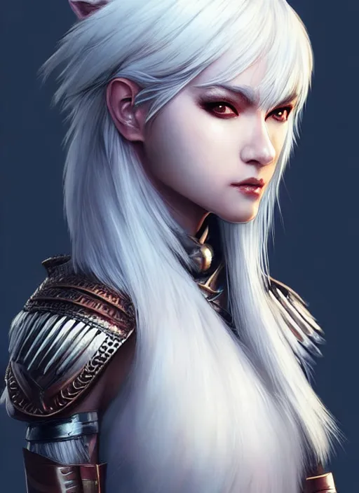 Image similar to warrior, fur leather armor!!! beautiful and elegant white hair female!! gorgeous ayes!! character concept art, sharp focus, octane render! unreal engine 5! highly rendered!! trending on artstation!! detailed linework!! illustration by artgerm, wlop, and chie yoshii