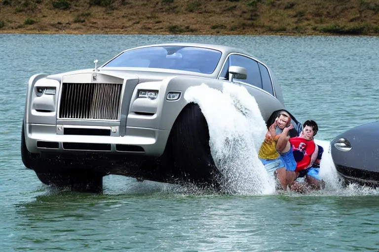 Image similar to Teenagers push Rolls-Royce into lake with their hands from a small slide wanting to drown him