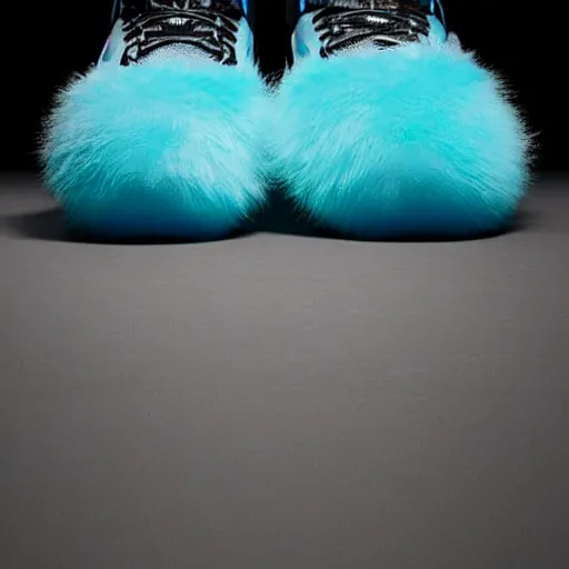 Prompt: poster nike shoe made of very fluffy cyan and black faux fur placed on reflective surface, professional advertising, overhead lighting, heavy detail, realistic by nate vanhook, mark miner
