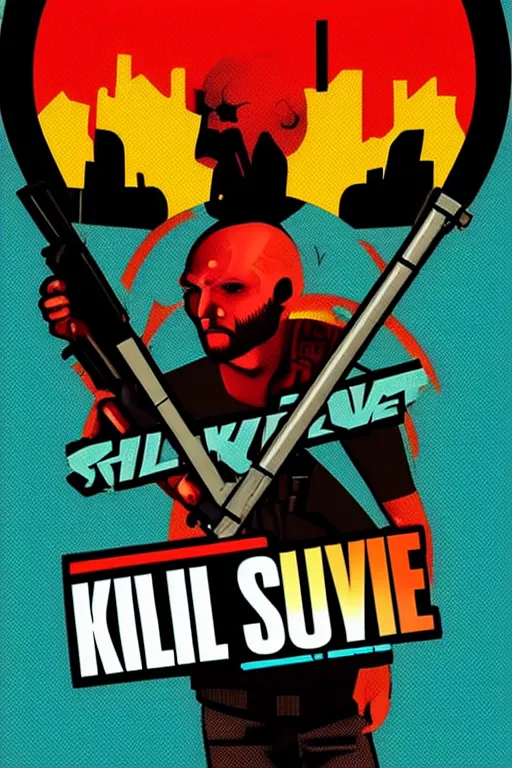 Image similar to kill to survive, shoot to kill logo. pop art, no duplicate image, glowing lights, highly detailed, digital painting, artstation, concept art, smooth, sharp focus, illustration, details type, art by richard hamilton and mimmo rottela