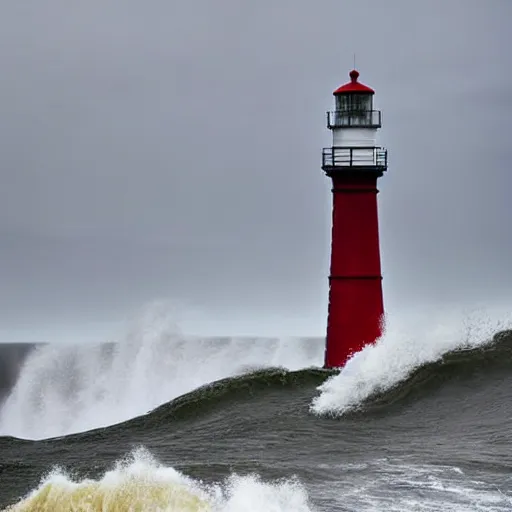 Image similar to close up of light house on cliffs with rough seas and high waves, stormy unreal 5