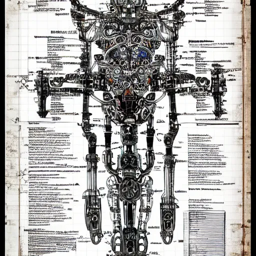 Image similar to schematic blueprint of highly detailed ornate filigreed convoluted ornamented elaborate cybernetic medical equipment, art by da vinci