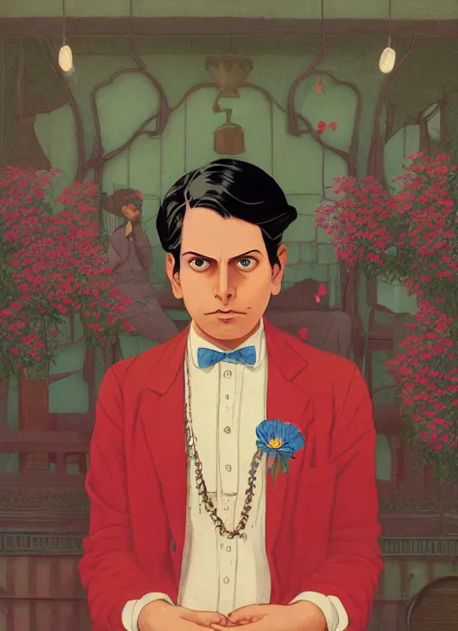 Prompt: artwork by Michael Whelan, Bob Larkin and Tomer Hanuka, of a solo individual portrait of an Indian person with flowers wearing a 1920s red striped outfit, dapper, simple illustration, domestic, nostalgic, full of details, by Makoto Shinkai and thomas kinkade, wes anderson, wes anderson, wes anderson, wes anderson, wes anderson, Matte painting, trending on artstation and unreal engine