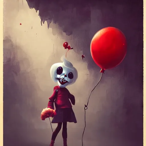 Image similar to grunge cartoon landscape painting of bilie eilish with a wide smile and a red balloon by - michal karcz, loony toons style, pennywise style, horror theme, detailed, elegant, intricate