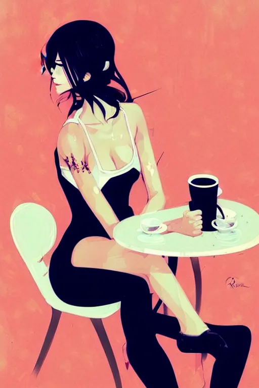 Image similar to a ultradetailed beautiful panting of a stylish woman sitting in a cafe, by conrad roset, greg rutkowski and makoto shinkai, trending on artstation