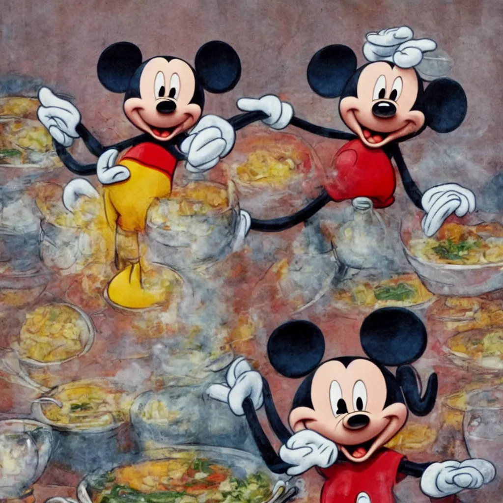 Image similar to an old demented mickey mouse queuing for a bowl of soup