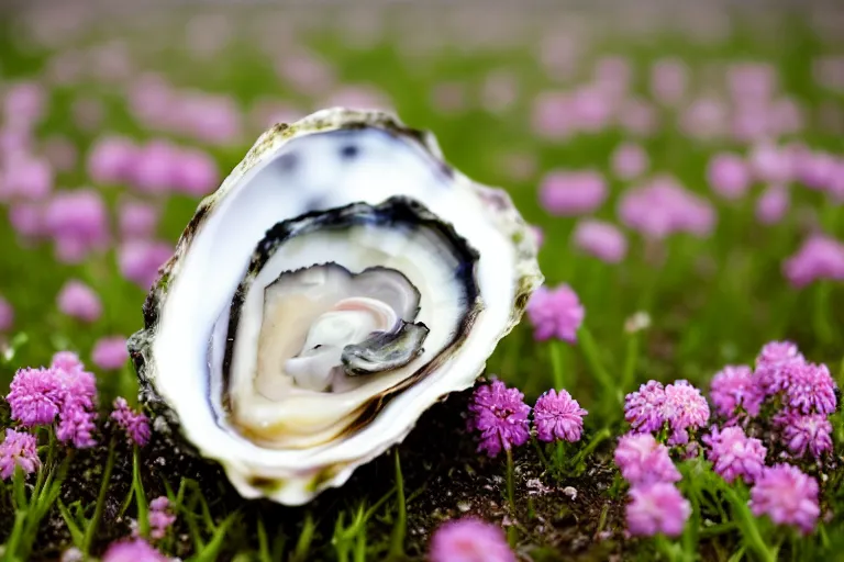 Image similar to a romantic dlsr photoportrait of an oyster in the field of flowers. pastel colors, blurred background. sharp focus on the oyster, 5 0 mm lens, professional light