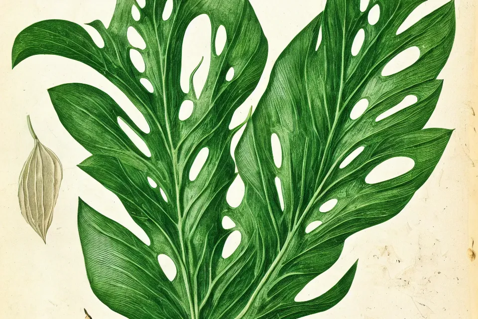 Prompt: detailed 18th century botanical illustration of various monstera leaf