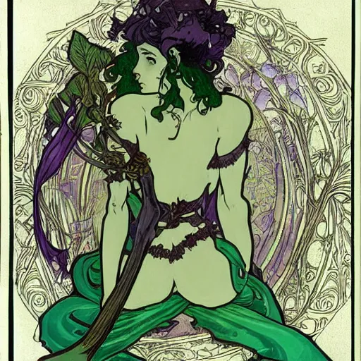 Image similar to short wood elf, purple hair, holding a long bow, green leaf cloak, leather armor, metal gauntlets, green eyes. in the style of alphonse mucha and john howe. fantasy. detailed.