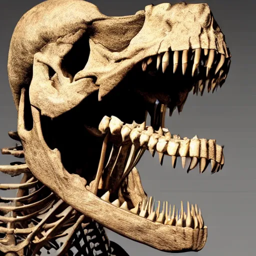 Prompt: hyperrealistic detailed photo of a fossilized tyrannosaurus skeleton, 8 k, located inside of a museum, ambient dim lighting, ultra detailed,