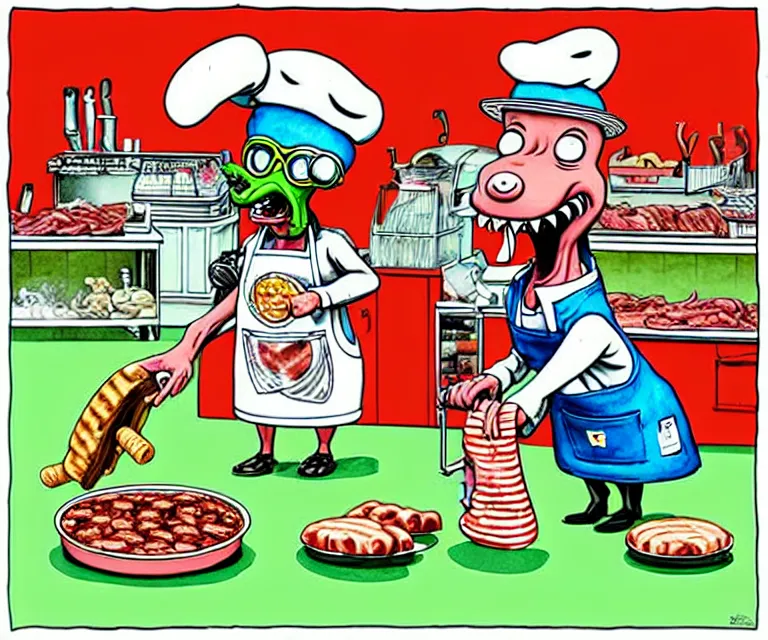 Prompt: cute and funny, greyhound stealing sausages from a butcher. butcher is wearing apron and holding rolling pin. ratfink style by ed roth, centered award winning watercolor pen illustration, isometric illustration by chihiro iwasaki, the artwork of r. crumb and his cheap suit, cult - classic - comic, edited by range murata