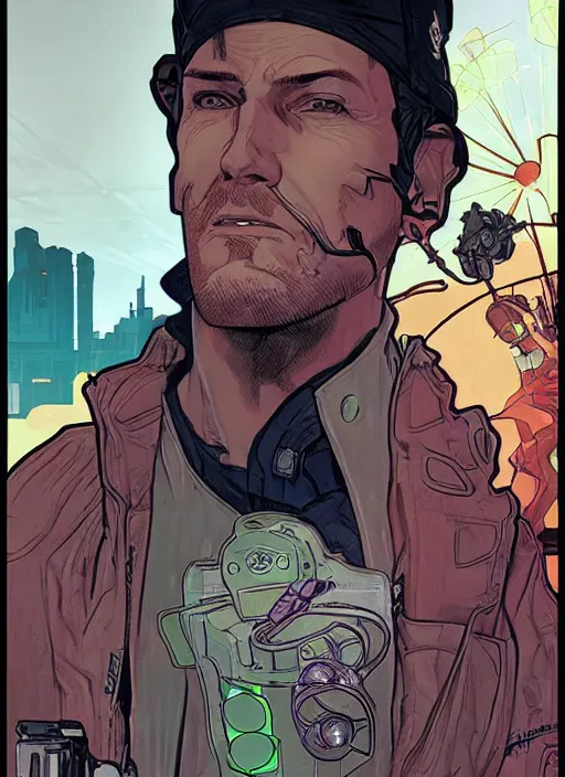 Image similar to cyberpunk hot dog salesman. portrait by ashley wood and alphonse mucha and laurie greasley and josan gonzalez and james gurney. splinter cell, apex legends, rb 6 s, hl 2, d & d, cyberpunk 2 0 7 7. realistic face. character clothing. vivid color. dystopian setting.