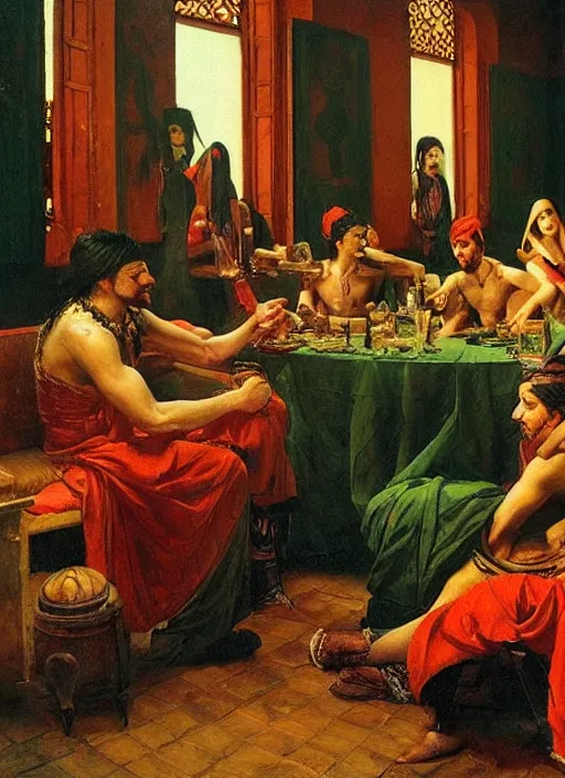 Prompt: orientalist painting, glam rocker drinking brutal and raw wine bacchanals with his friends, inside a green room with red lights, renaissance painting, greg rutkowski, alberto mielgo, joaquin sorolla, greek style