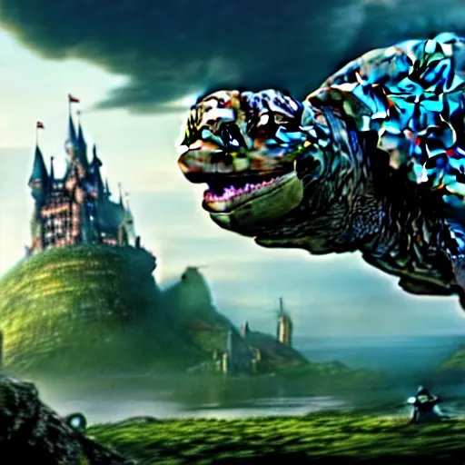 Image similar to giant tortoise walking with a large fantasy castle rising growing from the top of it, distant shot birds eye view, fantasy, hyper detailed, 4 k, howls moving castle, mortal engines,