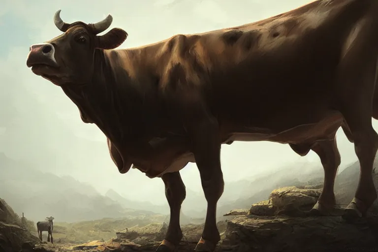 Prompt: cow, highly detailed, digital painting, artstation, concept art, sharp focus, illustration, art by raphael lacoste and greg rutkowski