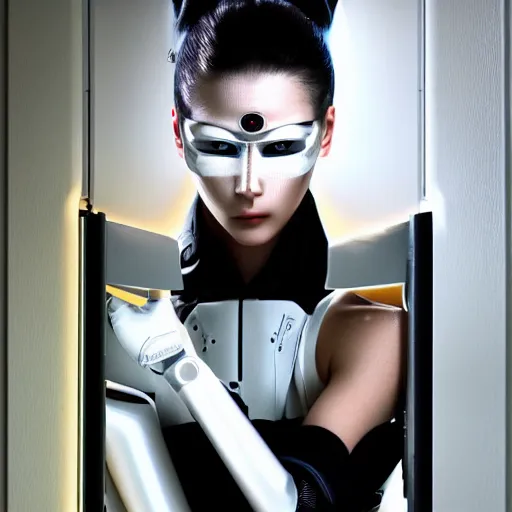 Image similar to a hyper realistic futuristic, minimal, stunningly cyborg tradition geisha photograph, covering face with a intricate sci - fi equipment, high fashion, in a dark futuristic room, metal gear solid, dark moody backlighting, paper door, ray tracing, ambient light, octane render,
